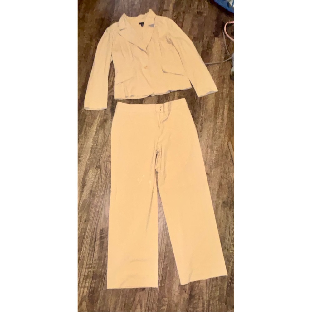 Courtenay Stretch Womens 2 Piece Pant Suit Tan Beige Blazer Wide Leg Trousers 12